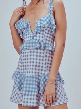 Rare For Love and Lemons Blue Gingham Ruffle Mini Dress, M